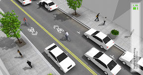 shared lane markings adjacent to curb (left side); NACTO Urban Bikeway Design Guide