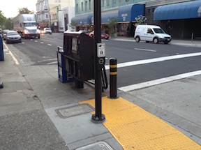 Pedestrian beg button on a commonly used crosswalk (9th St at K St), this location should have a pedestrian signal on every cycle, not just when someone presses the button.