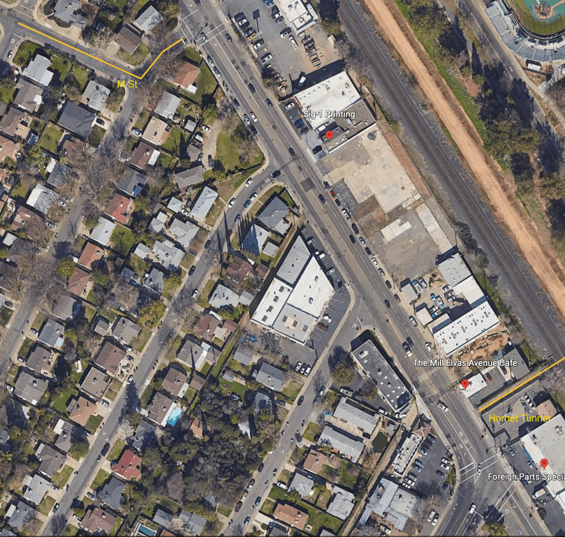 Google map of Elvas Ave from 62nd St to Hornet Tunnel