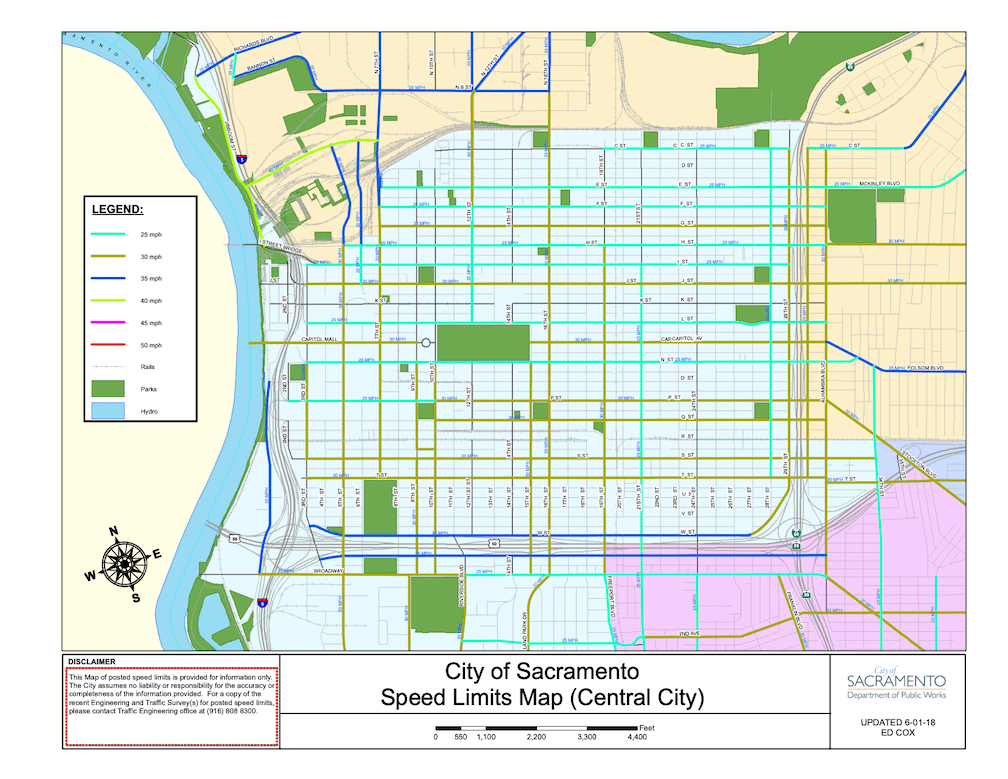 City of Sacramento speed limits map, central city, 2018
