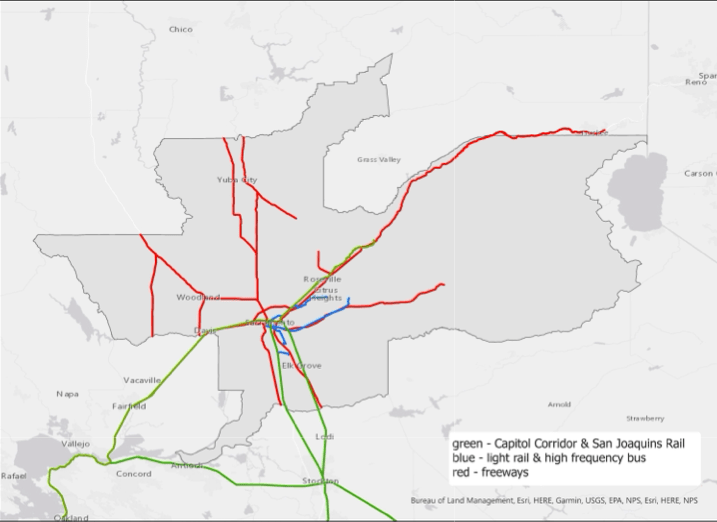 map of freeways, rail and high frequency transit