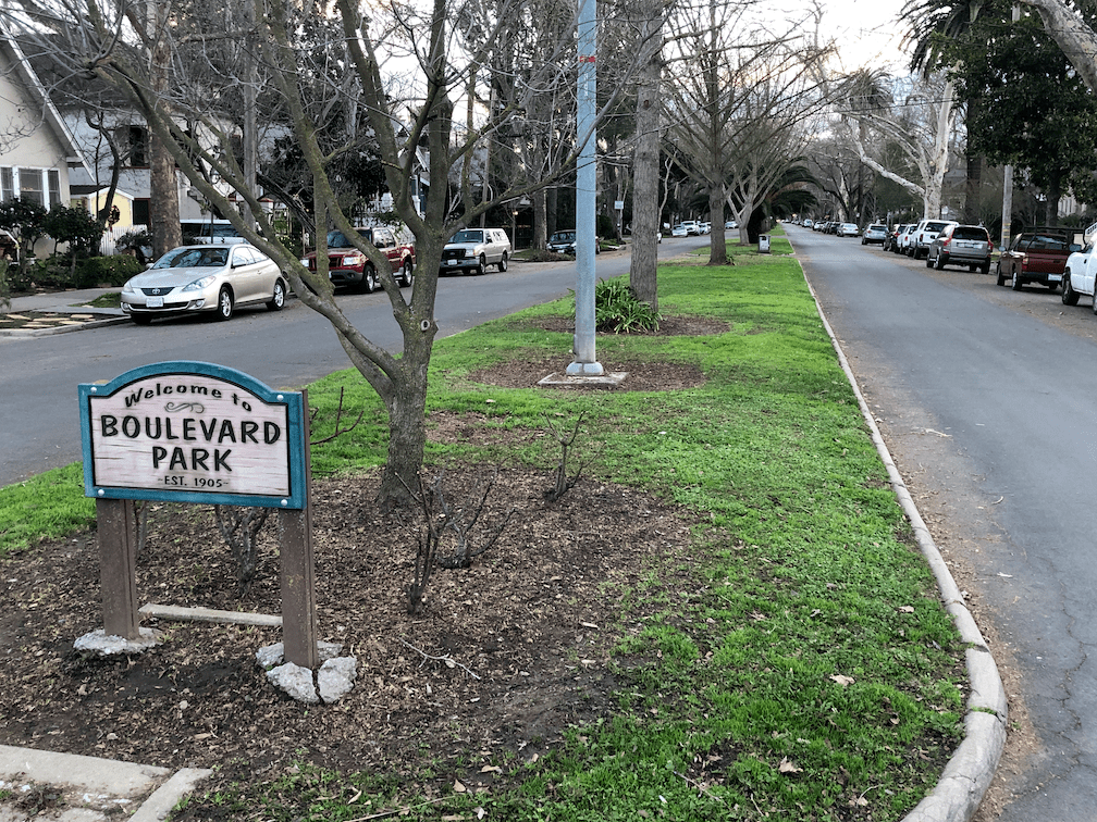 wide street median, 22nd St at C St in Boulevard Park
