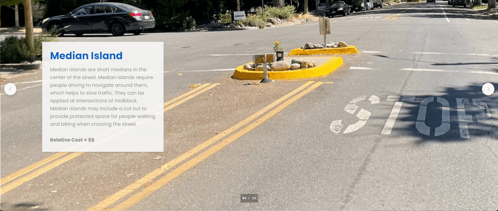 diagram of median island as traffic calming, from Sacramento Streets for All