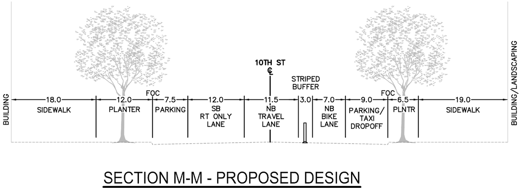 diagram of H St Bikeway, 10th St from I St to H St, proposed cross-section