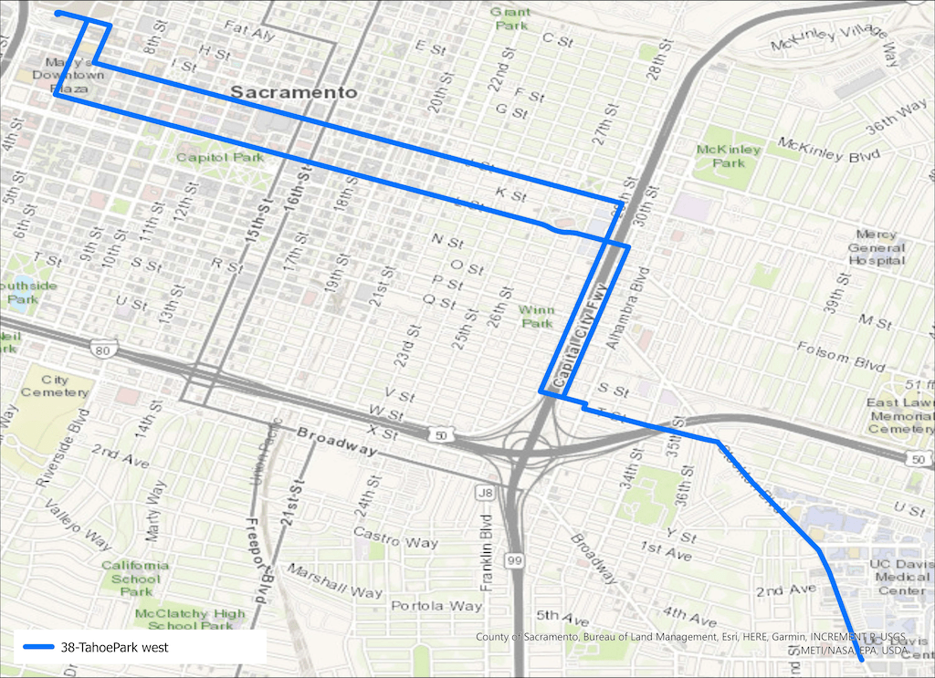 map of SacRT Route 38 west segment, potential Stockton BRT