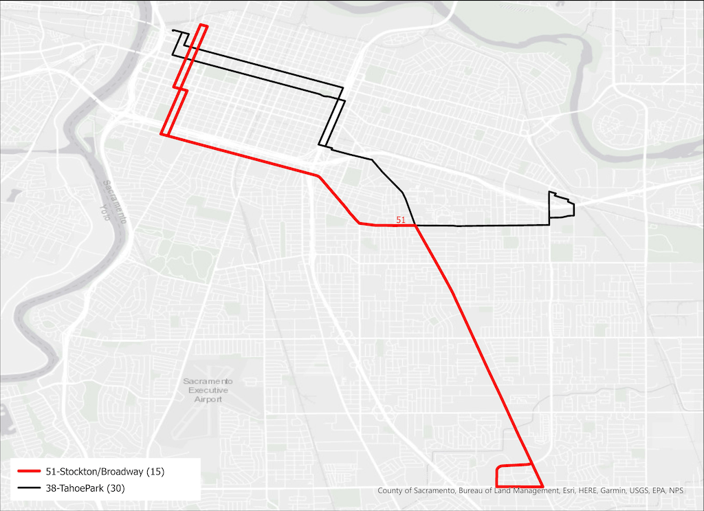 map of SacRT Routes 51 and 38 existing
