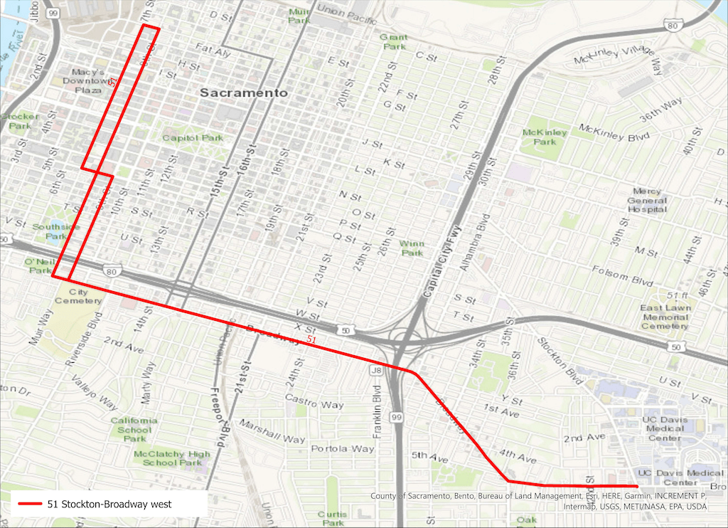 map of SacRT Route 51, west segment, from Stockton Blvd to downtown