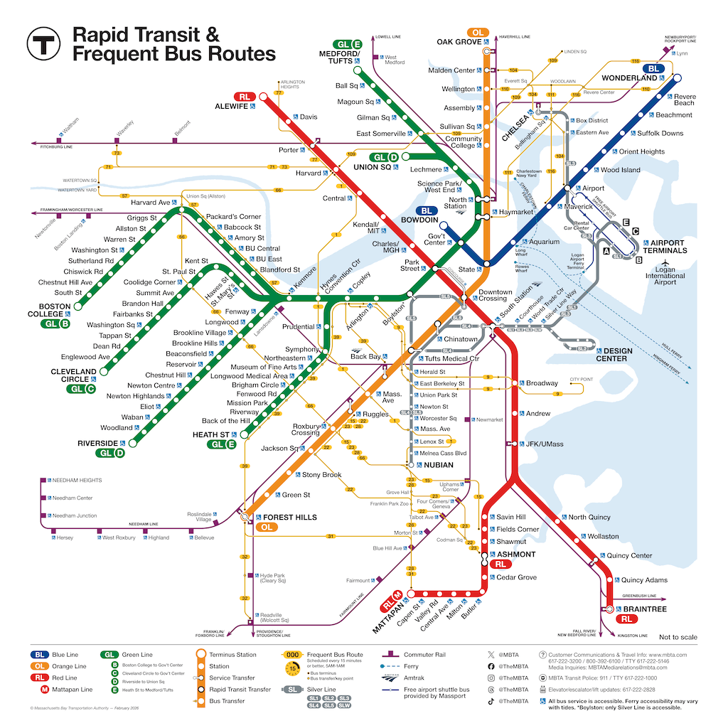 map of MBTA rail and major bus routes