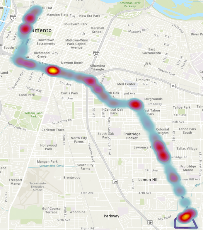 map of Route 51 ridership heatmap