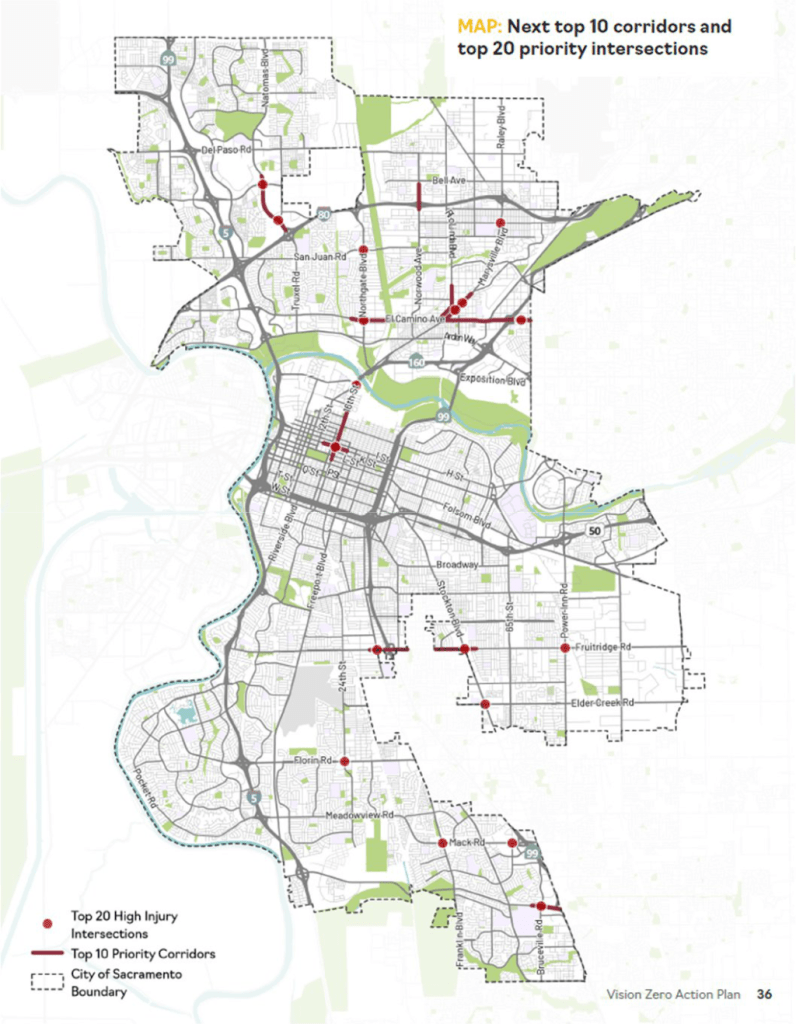 Sac Vision Zero Action Plan Update draft - map of Top 10 corridors and Top 20 intersections