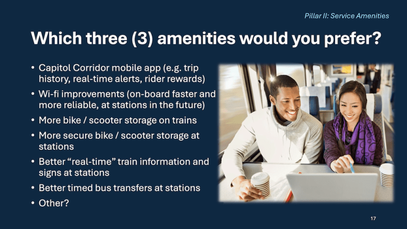 Capitol Corridor Vision Plan 2026 slide "which three amenities"