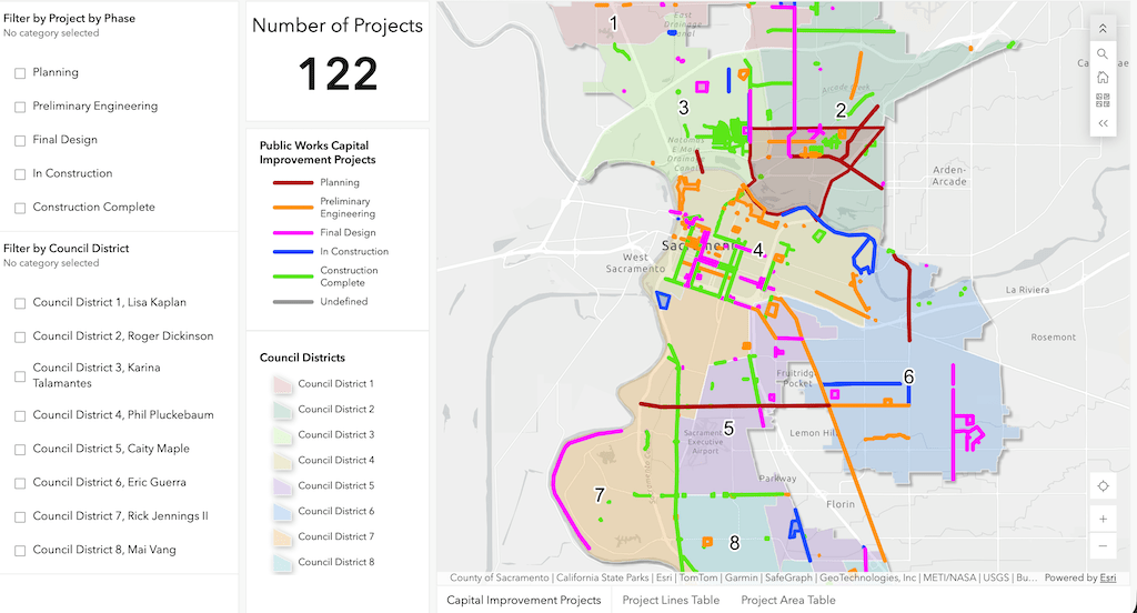 capture of Public Works Transportation Projects map/dashboard