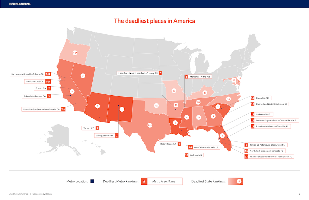 map of The deadliest places in America, Dangerous by Design 2026, Smart Growth America