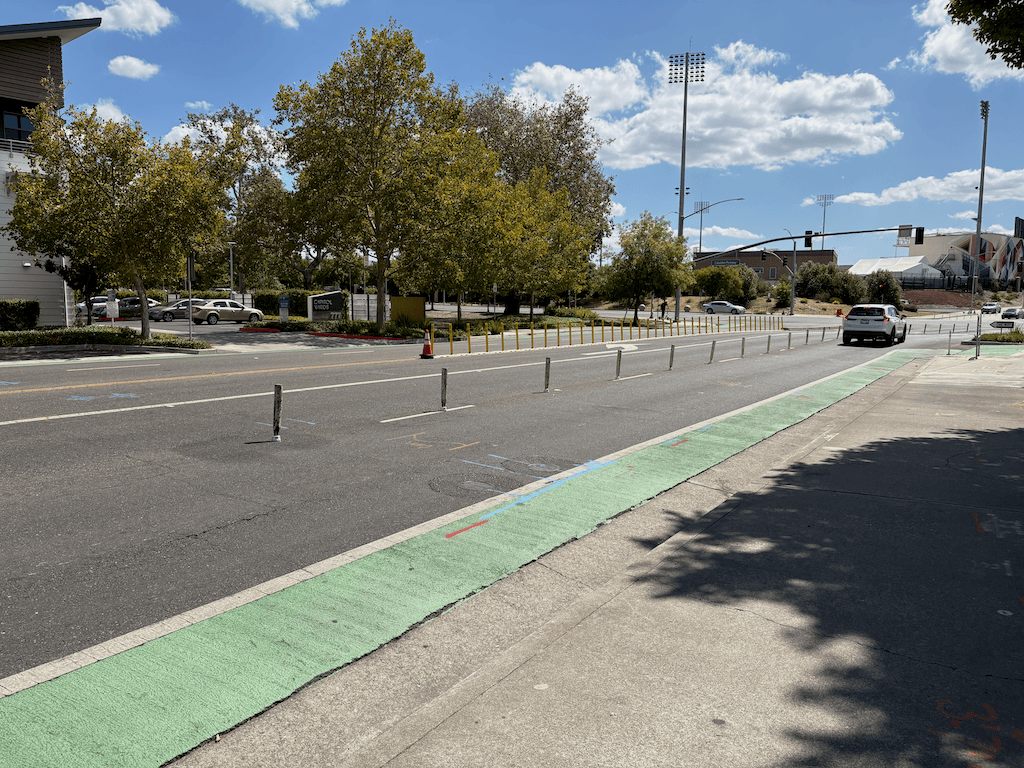 photo of West Sacramento, 5th St at Cabaldon Pkwy, lane channelization and centerline hardening