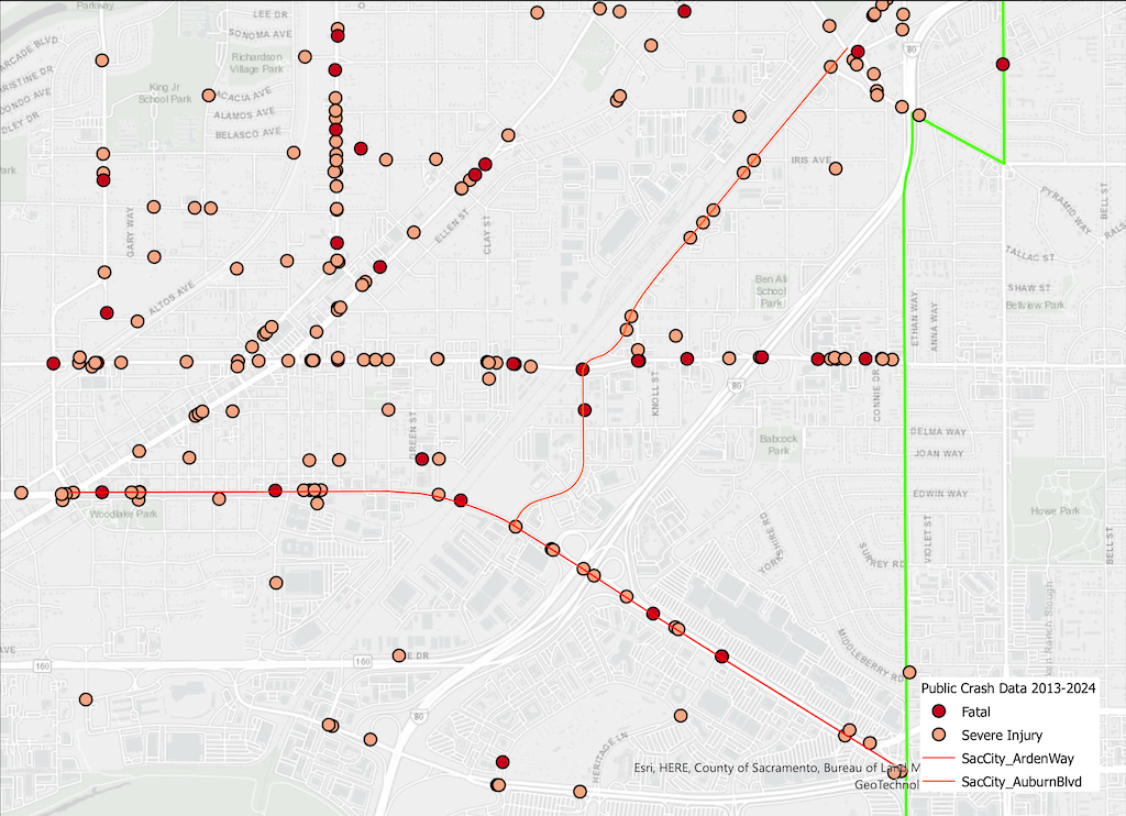 map of fatal & severe injury crashes (KSI) on the Arden Way and Auburn Blvd Mobility Plan corridors