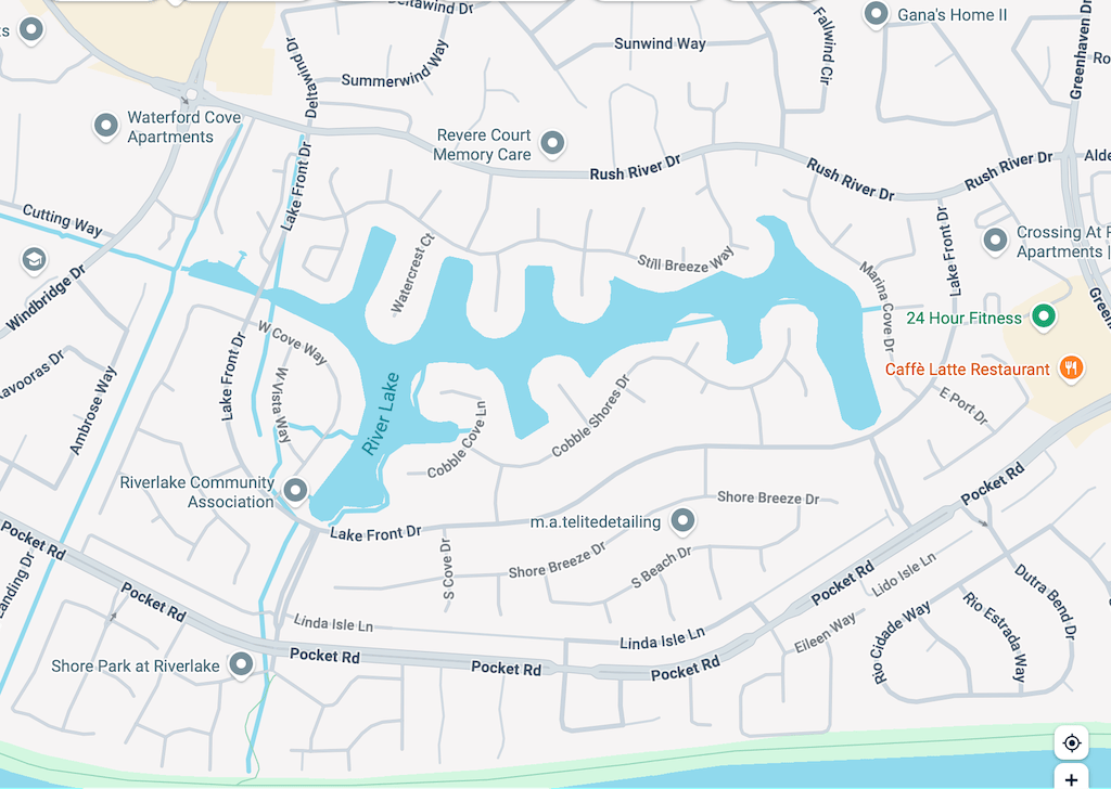 Sacramento River Lake, no grid whatsoever, Google Maps