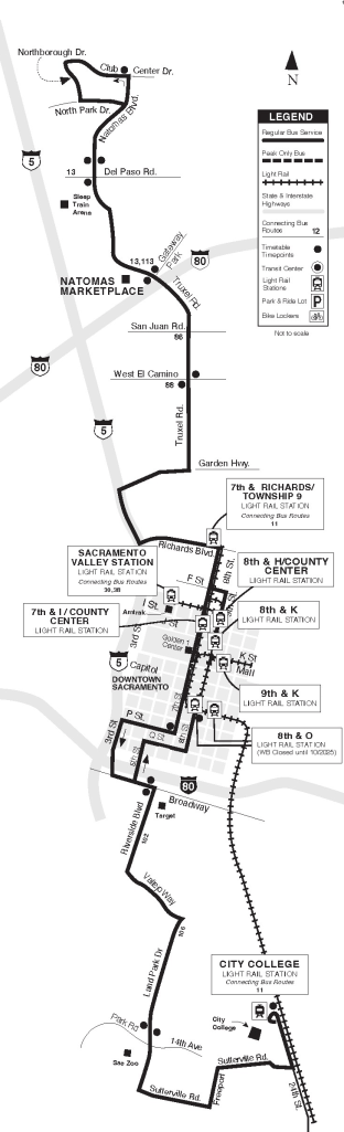 map of SacRT Route 11 Natomas/Land Park