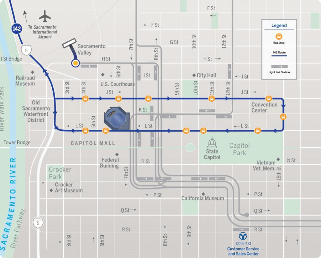 map of SacRT Route 142 Airport Express, downtown segment