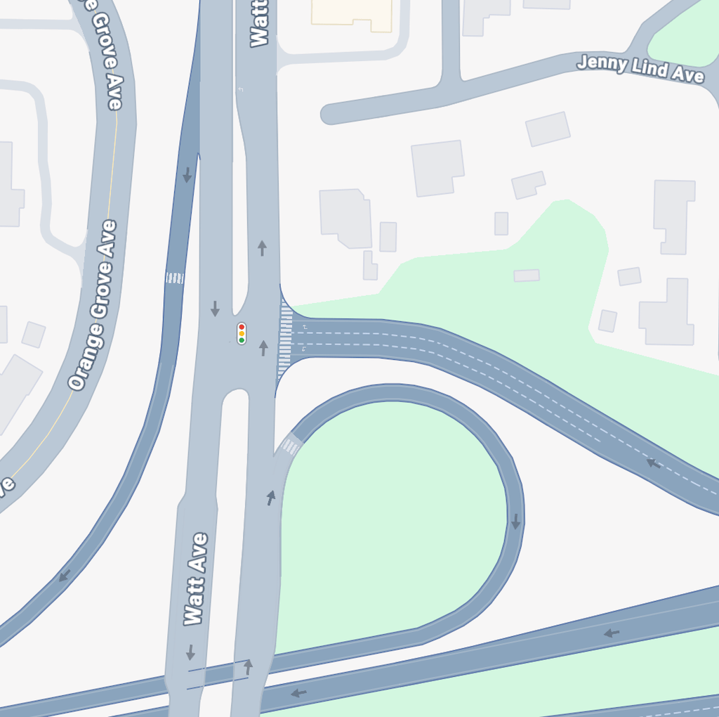 Google map of Watt Ave & I-80 on-ramp/off-ramp, north side, westbound